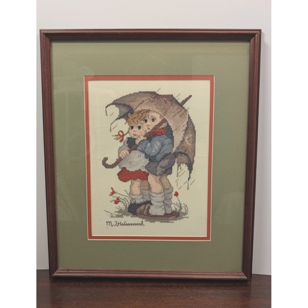 Vintage M.I. Hummel Children Under Umbrella Framed Cross Stitch Needlework Art